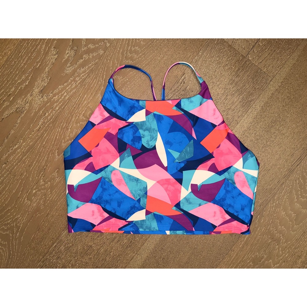 Old Navy Active PowerSoft High Neck Sports Bra XXL Blue Pink Geometric Abstract - Picture 1 of 3